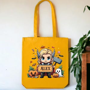 Personalized Superhero Halloween Tote Bag, One Sided Trick or Treat Bag, Kids Candy Bag, Candy Sack, Custom Name Halloween Treat Bag zdjęcie 4