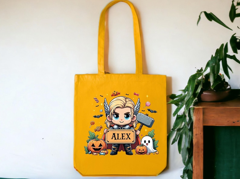 Personalized Superhero Halloween Tote Bag, One Sided Trick or Treat Bag, Kids Candy Bag, Candy Sack, Custom Name Halloween Treat Bag zdjęcie 4