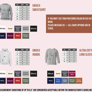 a collection of sweatshirts and hoodies in various colors and sizes, along with a menu that provides measurement options for customers. The text indicates that measurement variations of up to 0.5' are acceptable within the manufacturer's guidelines.