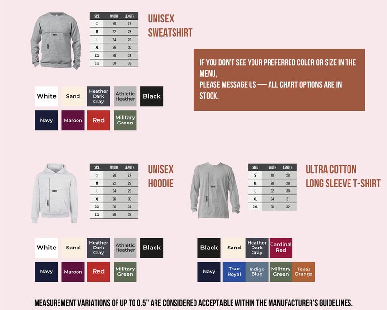 a collection of sweatshirts and hoodies in various colors and sizes, along with a menu that provides measurement options for customers. The text indicates that measurement variations of up to 0.5' are acceptable within the manufacturer's guidelines.