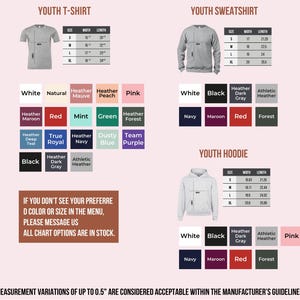 a collection of youth clothing items, including a youth t-shirt and a youth sweatshirt, along with their respective measurements and color options. The image also includes a note about measurement variations and guidelines for the manufacturer's products.