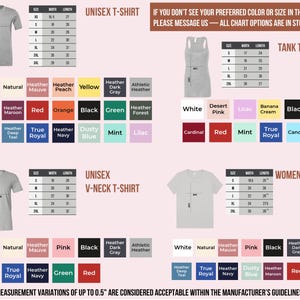 The image is a collection of different styles and sizes of women's t-shirts, including a tank top, a v-neck t-shirt, and a unisex t-shirt. The image provides measurements and color options for each style, as well as a message indicating that all chart options are in stock.