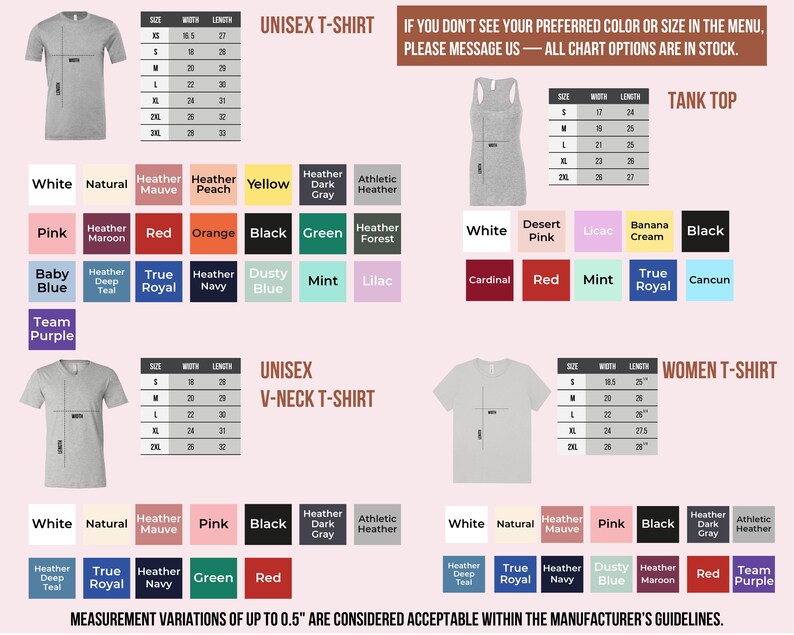 The image is a collection of different styles and sizes of women's t-shirts, including a tank top, a v-neck t-shirt, and a unisex t-shirt. The image provides measurements and color options for each style, as well as a message indicating that all chart options are in stock.