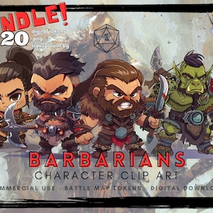 Pacote de tokens de personagem bárbaro DnD - Bárbaros 1 - 20 designs de clipart para RPG, VTT, adesivos, roupas, projetos de artesanato e itens colecionáveis
