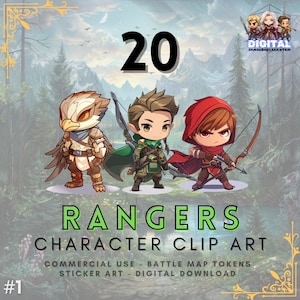 Pacote de tokens de personagem DnD Ranger - Rangers 1 - 20 designs de clipart para TTRPG, VTT, adesivos, roupas, projetos de artesanato e itens colecionáveis