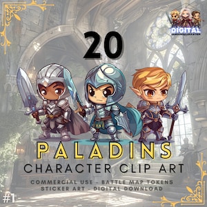 Pacote de tokens de personagem DnD Paladin - Paladins 1 - 20 designs de clipart para TTRPG, VTT, adesivos, roupas, projetos de artesanato e itens colecionáveis