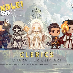 Pacote de tokens de personagem DnD Cleric - Clérigos 1 - 20 designs de clipart para RPG, VTT, adesivos, roupas, projetos de artesanato e itens colecionáveis