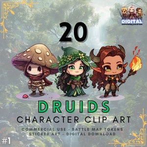 Pacote de tokens de personagem DnD Druid - Druidas 1 - 20 designs de clipart para RPG de mesa, VTT, adesivos, roupas, projetos de artesanato e itens colecionáveis