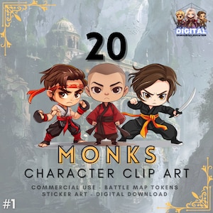 Pacote de tokens de personagem DnD Monk - Monges 1 - 20 designs de clipart para RPG de mesa, VTT, adesivos, roupas, projetos de artesanato e itens colecionáveis