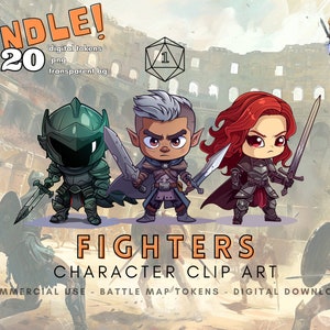 Pacote de tokens de personagem DnD Fighter - Fighters 1 - 20 designs de clipart para RPG, VTT, adesivos, roupas, projetos de artesanato e itens colecionáveis