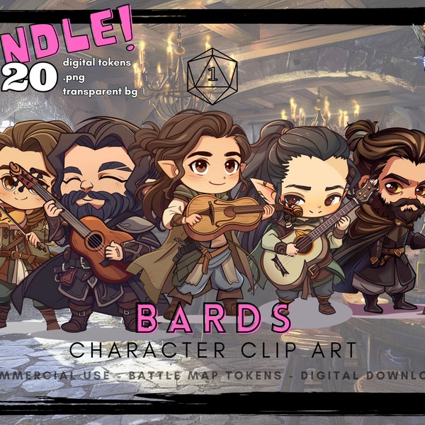 DnD Bard Character Token Bundle - Bards 1 - 20 Clip Art Designs for RPG, VTT, Stickers, Apparel, Craft Projects, and Collectibles