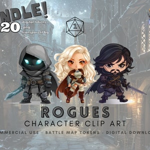 Pacote de tokens de personagem DnD Rogue - Rogues 1 - 20 designs de clipart para RPG de mesa, VTT, adesivos, roupas, projetos de artesanato e itens colecionáveis