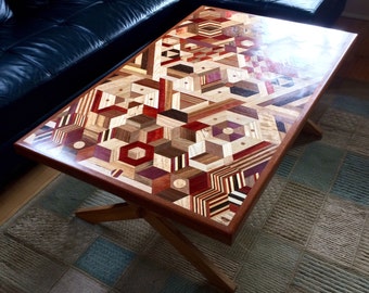 Coffee Table, Tiled Mosaic, Geometric patterns, Recycled Wood, Accent Furniture, Functional Art Piece