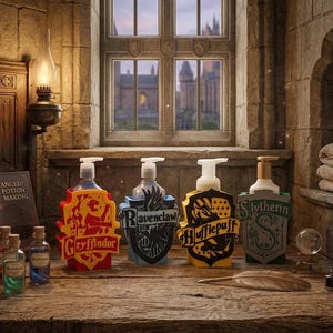 May include: Four soap dispensers featuring the crests of Gryffindor, Ravenclaw, Hufflepuff, and Slytherin. The dispensers are arranged on a wooden surface alongside small glass potion bottles, a book titled Advanced Potion Making, and a quill.