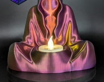 Ceifador com capuz para vela de LED, modelo impresso em 3D sem rosto com vela de LED inclusa.