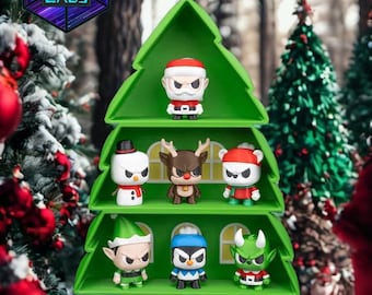 Conjunto de figuras natalinas raivosas com árvore de Natal para exibição, colecionáveis de Natal impressos em 3D, personagens natalinos mal-humorados.