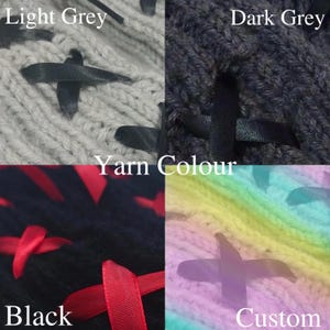 May include: Four close-up images of knitted fabric with black ribbon ties. The fabric colors are light grey, dark grey, black, and a rainbow gradient. The text "Yarn Colour" is visible in the center of the image.
