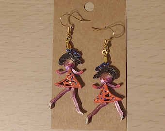 Hand painted 3D Printed Earrings. Jive Dancer, Orange - Stainless Steel gold ear wires