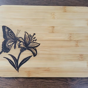 Pyrography Wood-burned Butterfly Lily Cutting Board Charcuterie Board Hand-burned