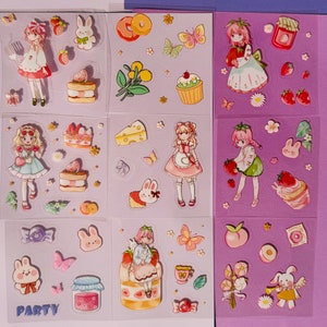 Vielzahl Kawaii Sticker Pack | Niedliche Anime Mädchen, Hasen, Essen, Schmetterlinge | Transparente Pink, Blau, Lavendel Designs