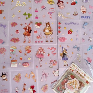 Kawaii Stickers - Transparent süße Hexe, Krähe, Hase, Blumen, Schleifen, Erdbeeren, Donuts, Marmelade,