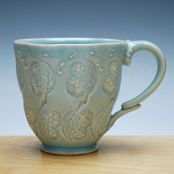 Floral coffee mug (stamped) in light turquoise Frost, Victorian Moroccan