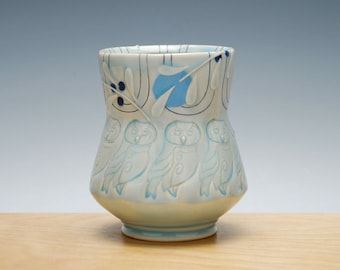 Owl Yunomi in Frost gloss w. Sky & Navy polka dots and detail, Handmade ceramic cup, Victorian modern