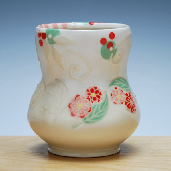 Multi-blossom yunomi in Ivory w. Pink stripes & Red and green polka dots, Colorized detail, Handmade porcelain cup