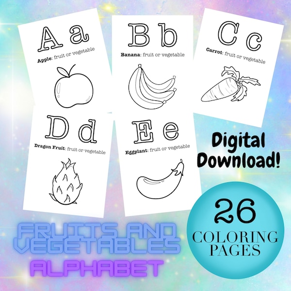 26 Pages A-Z Fruits and Vegetables Colouring Book | Digital Download