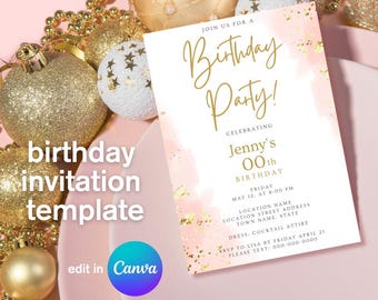 May include: Pink and gold birthday party invitation with a watercolor background and gold glitter. The text reads "Join us for a Birthday Party! Celebrating Jenny's 00th Birthday. Friday, May 12, at 6:00 PM. Location Name, Location Street Address, Town Name, State. Dress: Cocktail Attire. RSVP to Lisa by Friday April 21. Please Text: 000-000-0000"