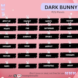 Puede incluir: Paneles de arte digital rosas con temática de conejito. Cada panel negro tiene texto blanco y un gráfico de conejito. Los paneles incluyen "About Me", "Contact", "Credits", "Discord", "Donate", "FAQ", "Instagram", "Links", "Rules", "Schedule", "Socials", "Specs", "Subscribe", "Tiktok", "Wishlist", "X", "Youtube", "Pets", "Goals", "Commands", "Games", "Mods", "Supporters" y "Merch".