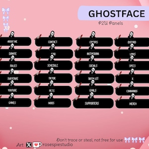 May include: A pink digital art graphic featuring black panels with white text and a Ghostface design. Panels include "About Me," "Donate," "Rules," "Subscribe," "YouTube," and "Games." The top banner reads "GHOSTFACE P2U Panels."