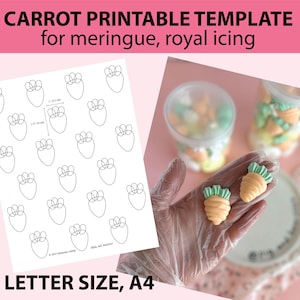May include: Printable template for making carrot-shaped meringue or royal icing cookies. The template features 25 carrot shapes in various sizes, with measurements in cm. The image also shows finished carrot cookies.
