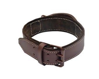 May include: A brown leather weightlifting belt with white stitching and a double prong buckle.