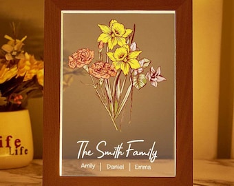 Personalized Birth Flower Bouquet Names LED Light Gift for Mom