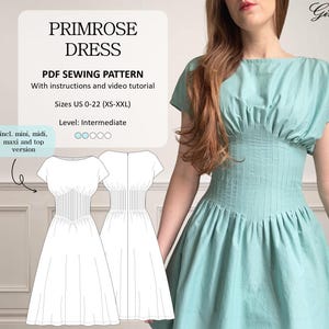 May include: A light teal Primrose dress with a fitted bodice and flared skirt. The dress features short sleeves and a round neckline. The image includes a PDF sewing pattern with instructions and a video tutorial. Sizes US 0-22 (XS-XXL).