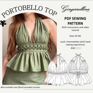 May include: A green halter top with a V-neck and a decorative floral band. The image also includes a PDF sewing pattern with instructions and a video tutorial. The pattern is for sizes XS-XXL and is rated intermediate.