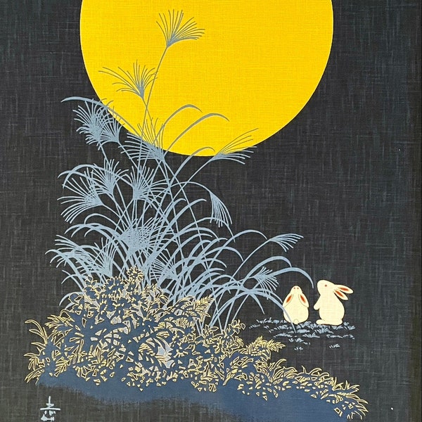 Japanese noren panel Rabbit Harvest Moon KP7290-103 blue