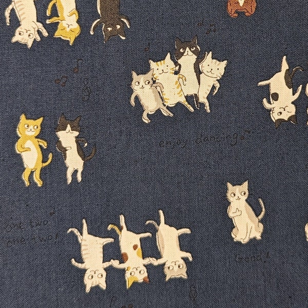 Kokka Dancing Cats Trèfle Japanese cotton fabric YKA-99000-2D navy blue