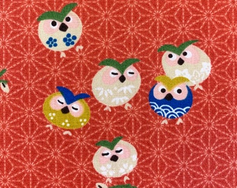 Cute Owls フクロウ 梟  Japanese cotton fabric Y-3060-28E light red