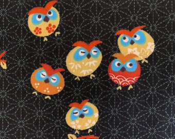 Cute Owls フクロウ 梟  Japanese cotton fabric Y-3060-28F black