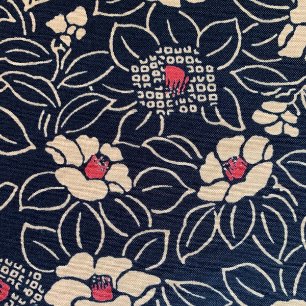 Blooming Camellias Japanese Cotton Fabric 3515-W-36A blue beige red