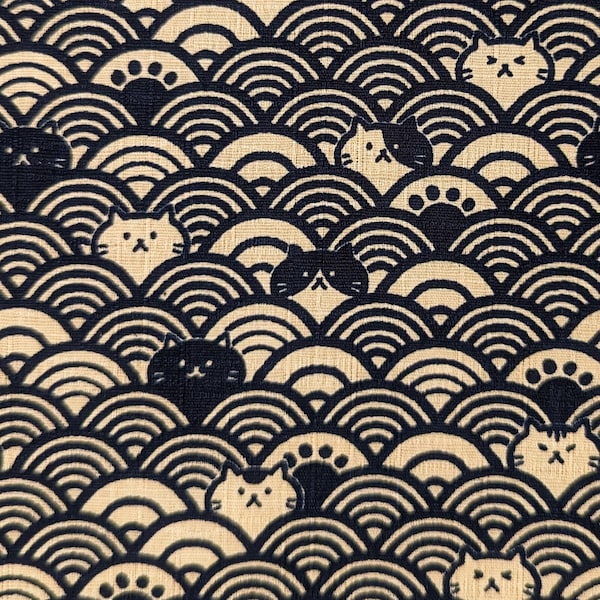 NEW Waves with Cats Cosmo Japanese cotton dobby fabric AP41903-2C navy blue