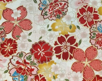 Golden Sakura Flowers Kokka Japanese cotton fabric YGA-61040-1A white and red