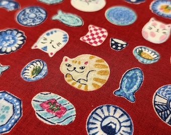 NEW Porcelain Cats Senyo Japanese cotton fabric SO-57500-1D red