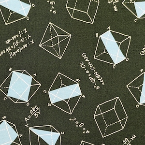 May include: A dark green fabric with a repeating pattern of white geometric shapes and blue accents. The shapes are cubes and pyramids with mathematical equations written on them.