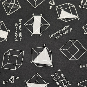 May include: Black and white geometric pattern with 3D cubes and mathematical equations. The pattern is repeated throughout the image.