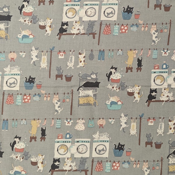 Kokka Washing Day Cats Trèfle Japanese cotton fabric YKA-11120-D10 Gray