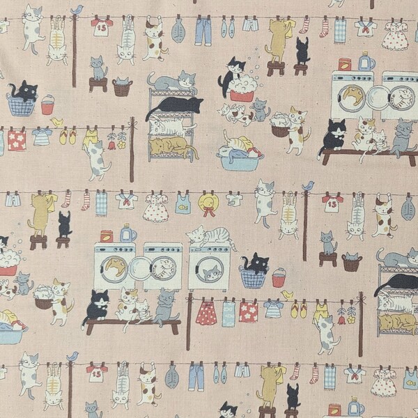 Kokka Washing Day Cats Trèfle Japanese cotton fabric YKA-11120-B11 soft pink