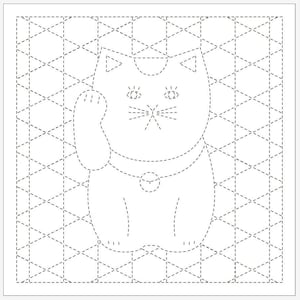 Puede incluir: Un dibujo en blanco y negro de un gato con una campana alrededor del cuello. El gato est&aacute; de pie sobre una cuadr&iacute;cula de diamantes.